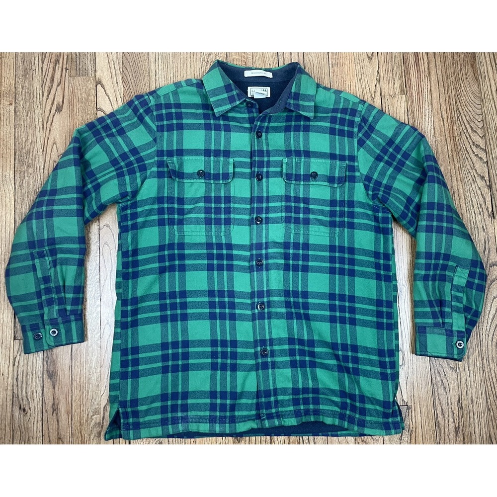LL Bean Lined Flannel Shirt Shacket Green Plaid Button Up Shirt Men's Sz Medium